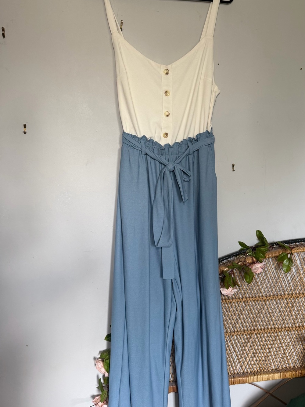 Streetwear Society Cream and Light Blue Jumpsuit with Paperbag Waist